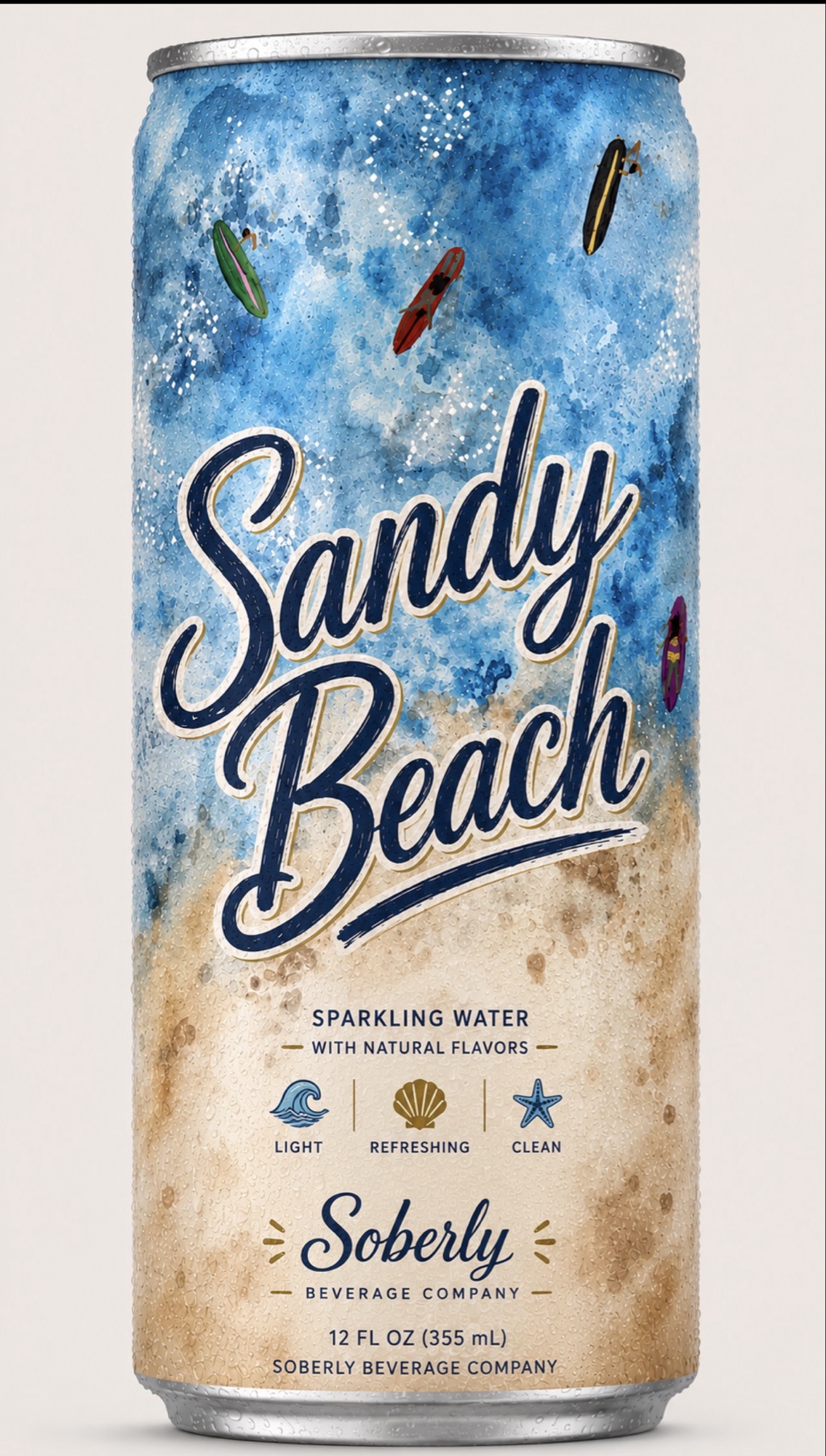 Soberly Sandy Beach, premium sparkling water in a 12 oz aluminum can featuring original watercolor artwork of Sandy Beach in Cohasset, MA
