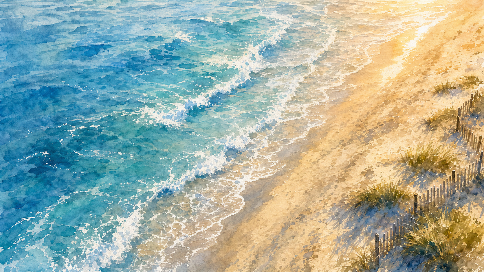 Aerial watercolor painting of Sandy Beach, Cohasset, Massachusetts