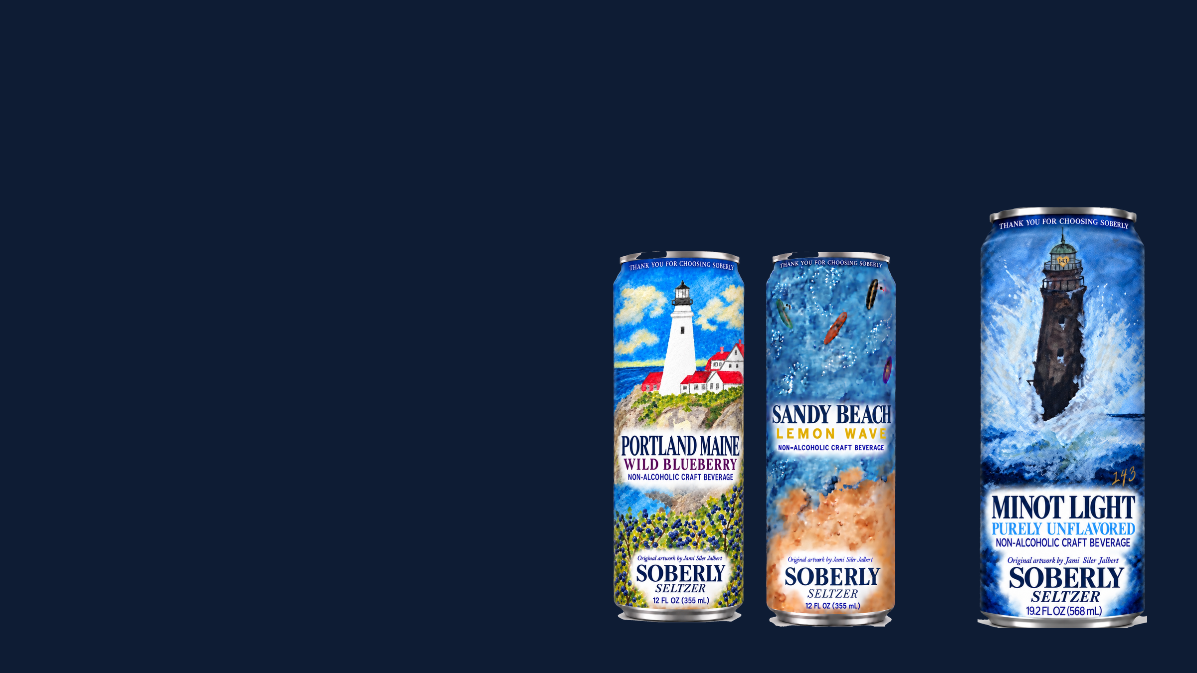 Portland Maine, Sandy Beach and Minot Light cans featuring original artwork by Jami Siler Jalbert